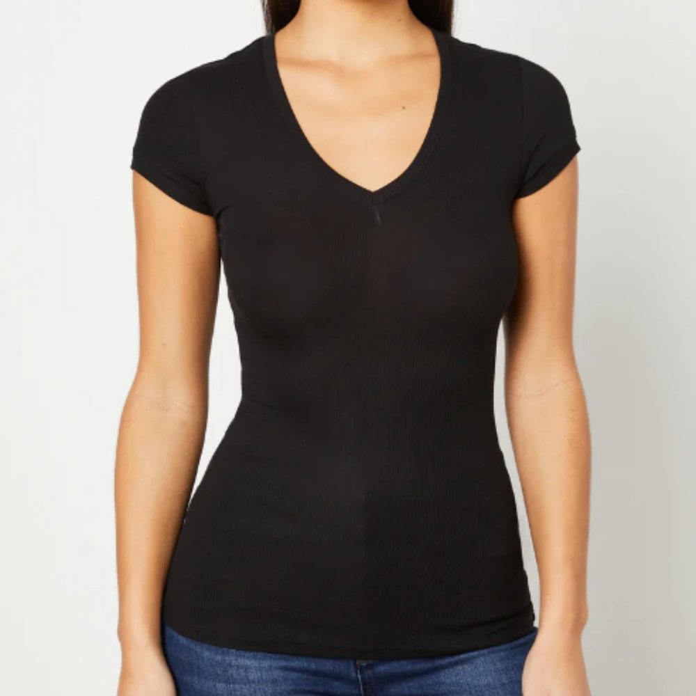 BCBG MAX AZRIA Short Sleeve V-Neck Tee (Black, XL)